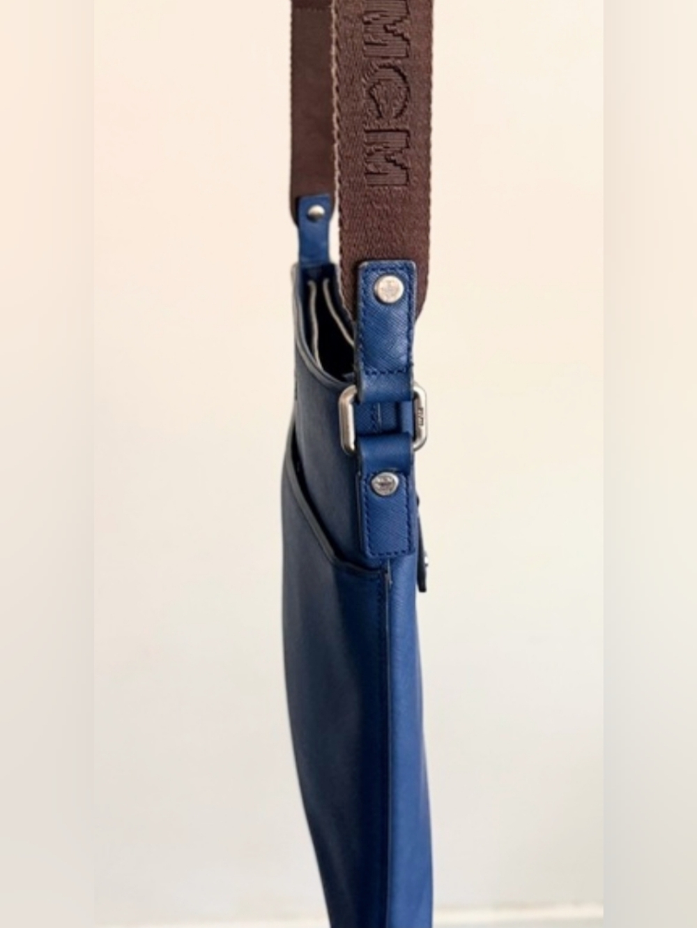 MCM Crossbody Messenger Bag - Blue Leather & Brown Strap - Picture 4 of 14